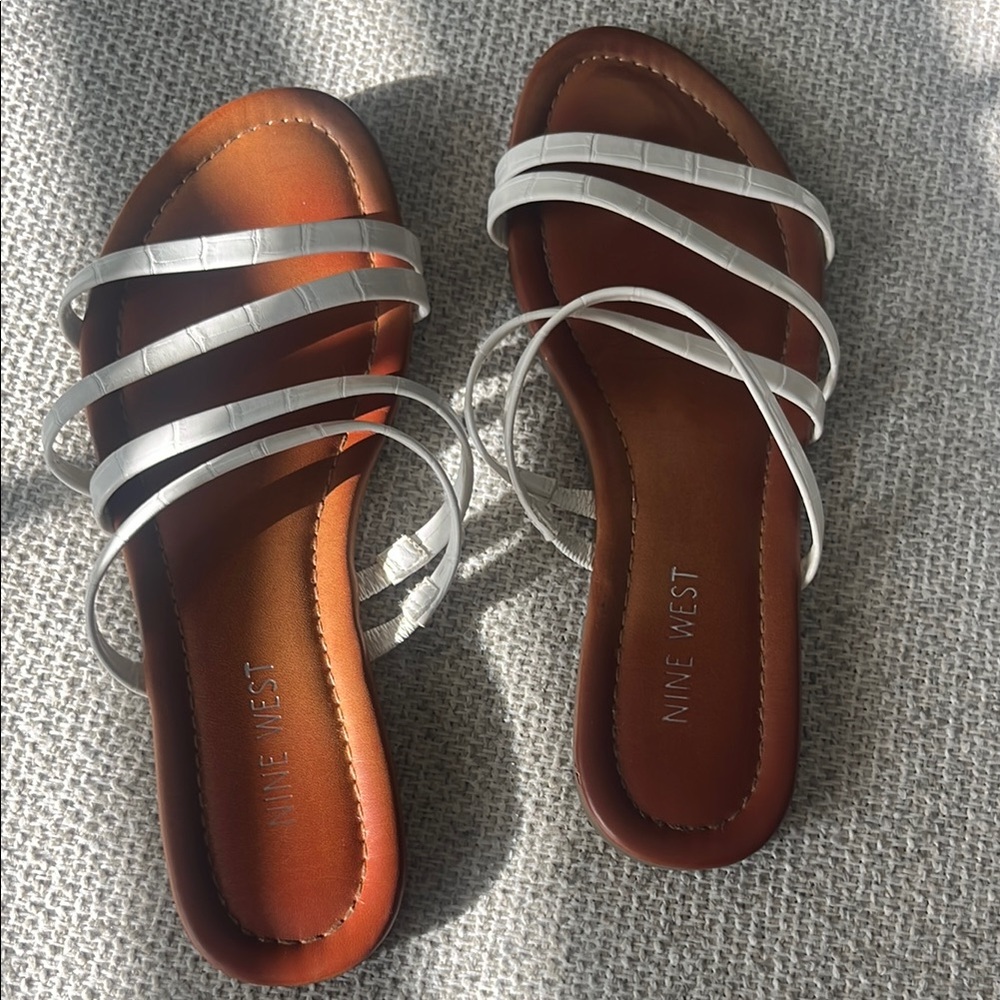 Nine West White and Brown Sandals Flat Design